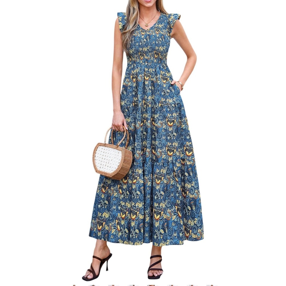 PrettyGarden Blue Floral Paisley Smocked V-Neck Tiered Cotton Maxi Dress Medium
